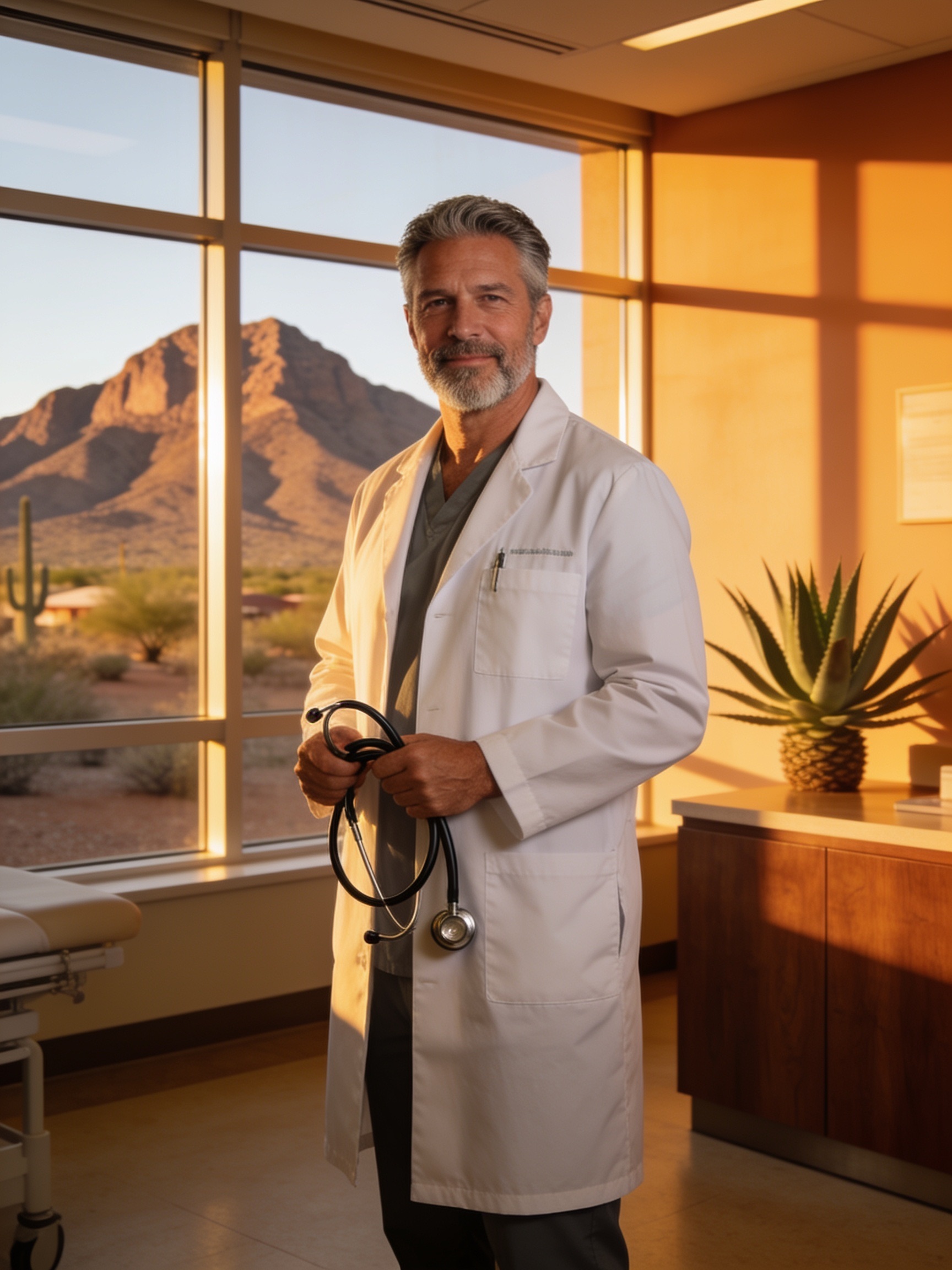 Certified medical examiner in a sunlit Phoenix clinic holding a stethoscope